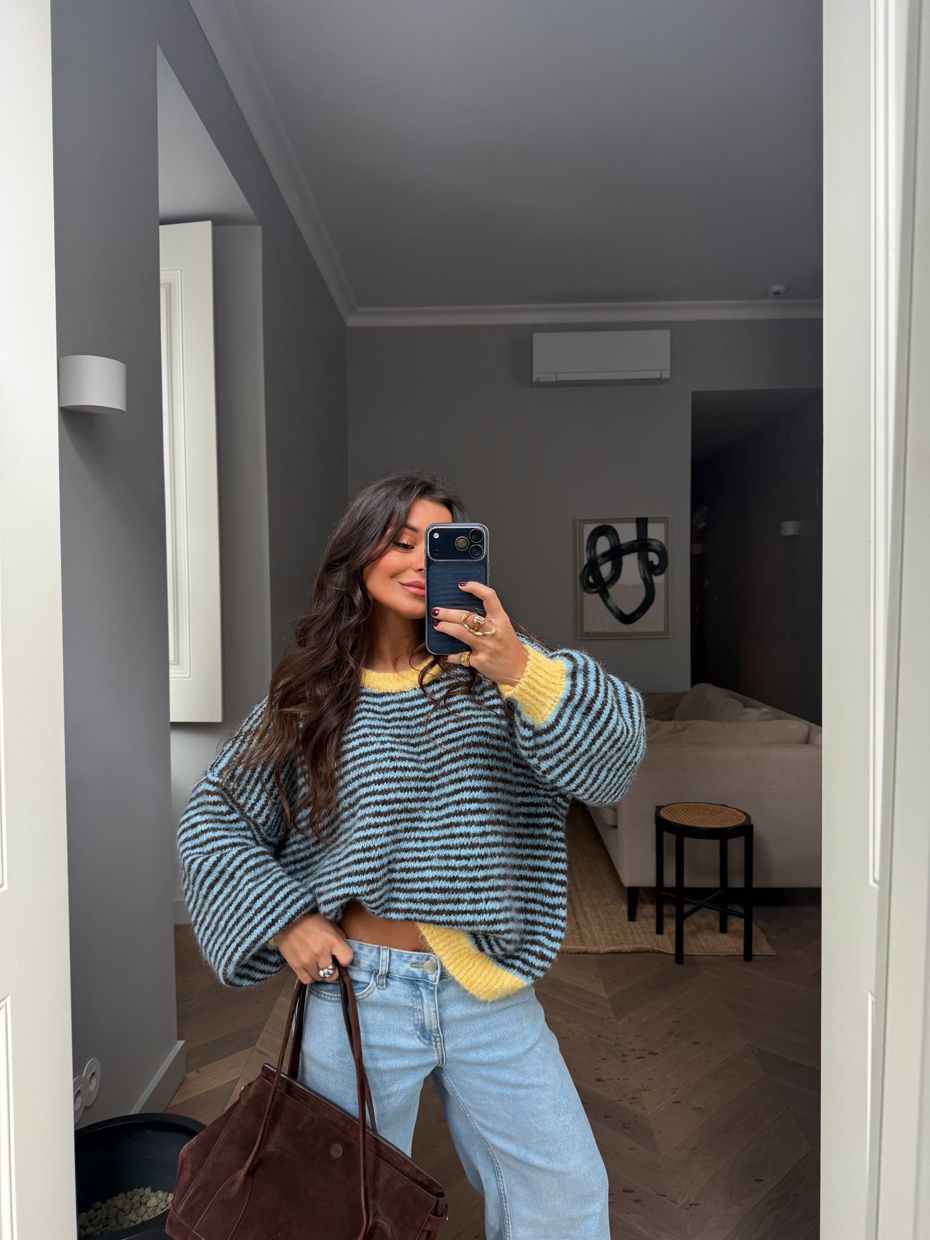 Lola Sweater Blue and Brown with Yellow Details - Shipping 28/01